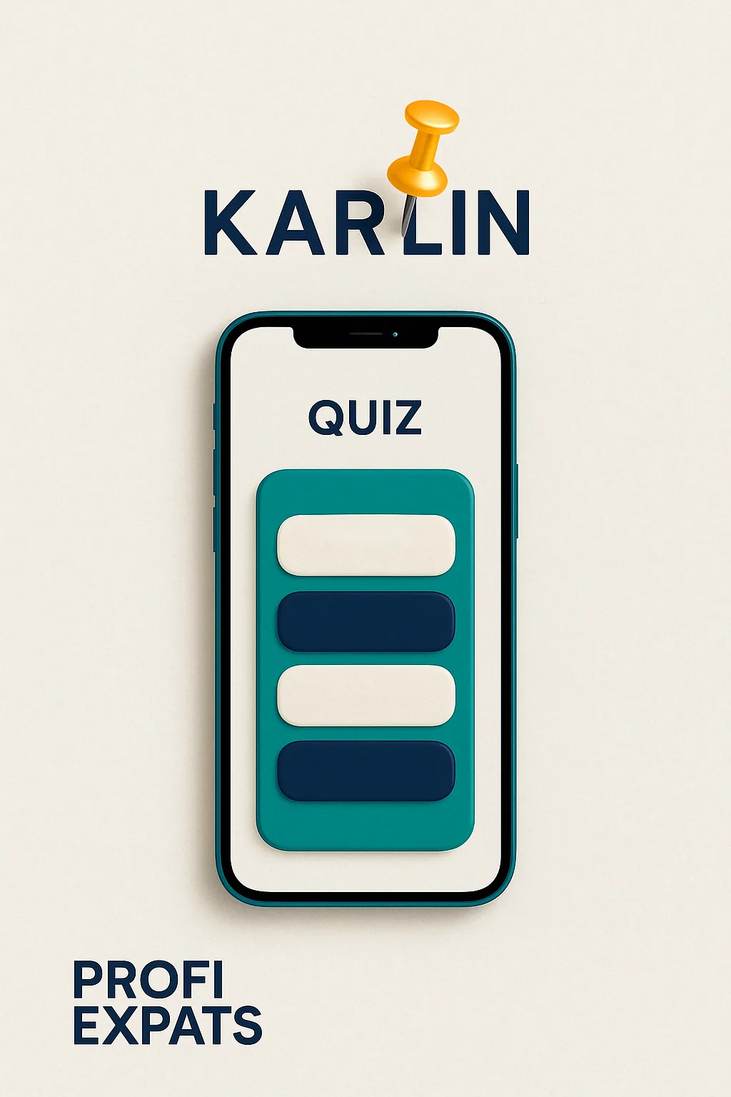 Profi Expats quiz mock-up on a mobile phone, showing the entry screen of the bank-fit quiz.